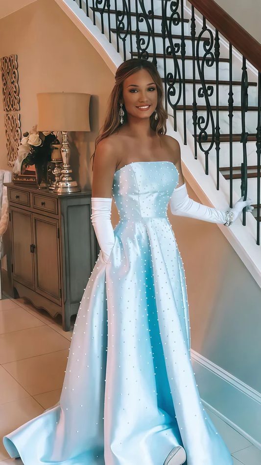 Hermoso vestido de fiesta de cumpleaños sin tirantes azul claro con cuentas de perlas, vestido formal de noche para graduación Y8120