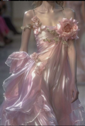 Vestido de fiesta de gasa rosa con tirantes finos y flores 3D Y8336