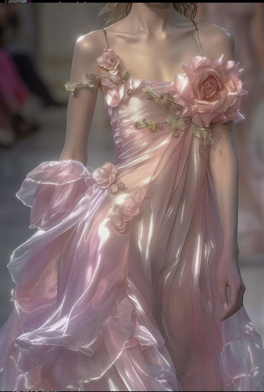 Vestido de fiesta de gasa rosa con tirantes finos y flores 3D Y8336