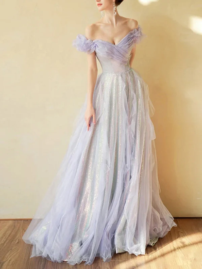 Purple Off Shoulder Sequin Tulle Long Prom Dress Purple Formal Evening Dresses Y4659