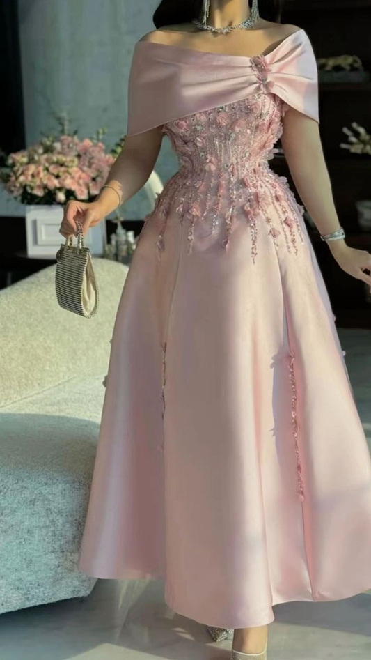 Elegant Off The Shoulder Satin Beaded Appliques Prom Dress Formal A Line Evening Dress Y8160