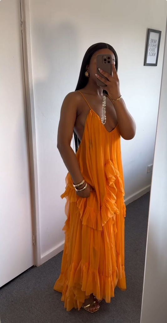 Sexy V-Ausschnitt Chiffon Rüschen Party Abendkleid Orange Ballkleid Y8065