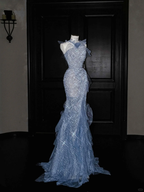 Wunderschönes blaues Tüll-Pailletten-Perlen-Rüschen-Meerjungfrau-Abschlussballkleid, formelles Abendkleid, Hochzeitskleid Y8671
