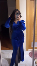 Elegante vestido de noche de terciopelo azul rey, vestido de noche azul rey Y5666