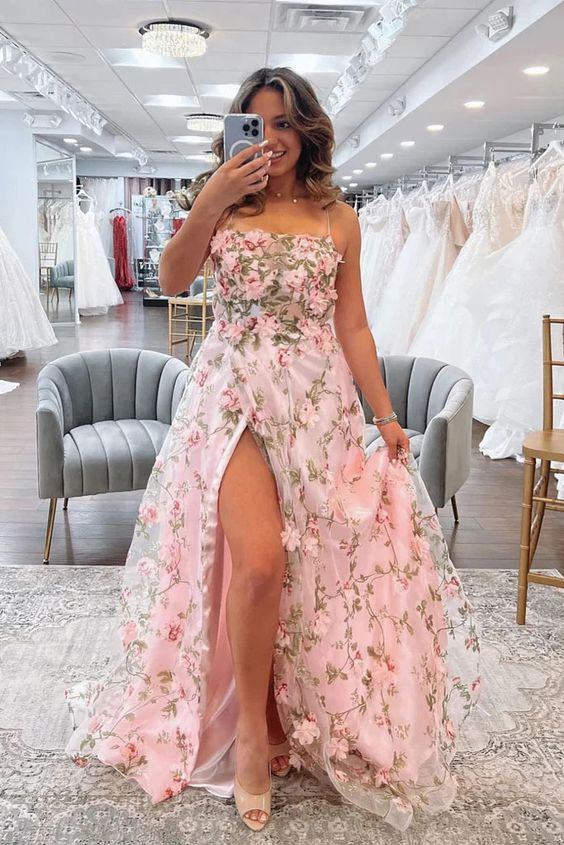 Vestidos de fiesta largos con corte A, estampado floral rosa y abertura alta, vestidos de noche formales de graduación Y5893