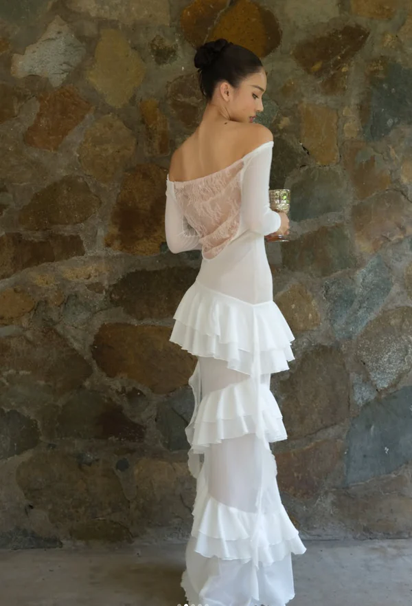 Vestido de noche elegante de gasa con encaje y volantes, vestido de novia blanco Y8082