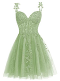 Salbeigrünes kurzes Homecoming-Kleid mit Blumenmuster, A-Linie, Abschlusskleid Y619