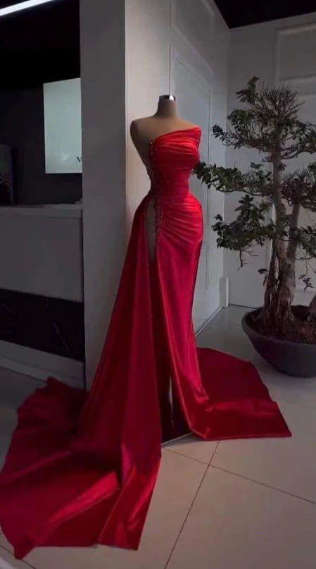 Vestido de noche rojo de satén plisado con escote asimétrico y abertura alta, vestido formal encantador Y379
