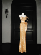 Glitzerndes, goldenes, trägerloses Meerjungfrau-Ballkleid mit Pailletten, langes Abendkleid Y8656