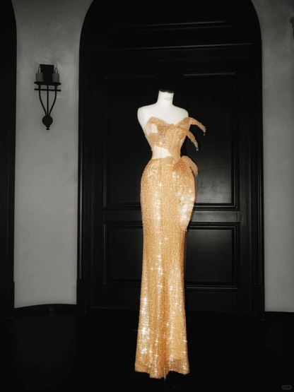 Glitzerndes, goldenes, trägerloses Meerjungfrau-Ballkleid mit Pailletten, langes Abendkleid Y8656