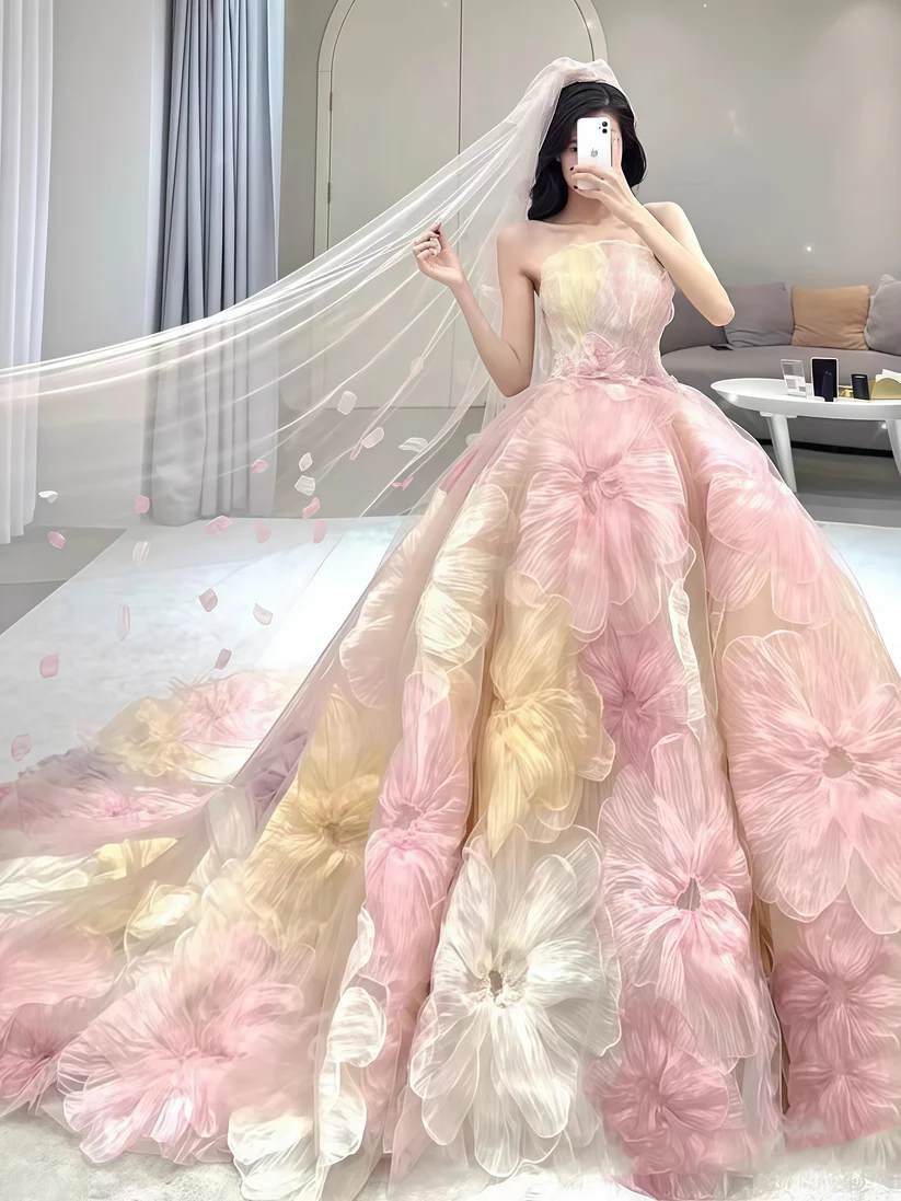 Vestido de fiesta floral de princesa de ensueño, vestido de fiesta de noche sin tirantes, vestido de novia Y8289