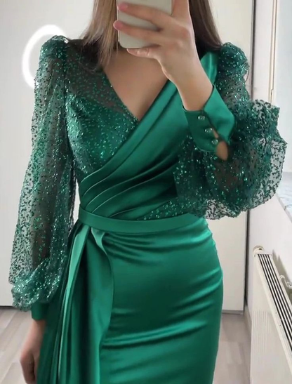 Vestido de noche verde oscuro de satén con escote en V y manga larga Y6109