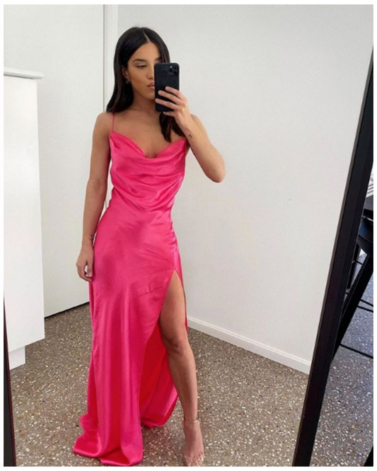 Hot pink Wasserfallausschnitt Abendkleid, langes Abendkleid Y3013