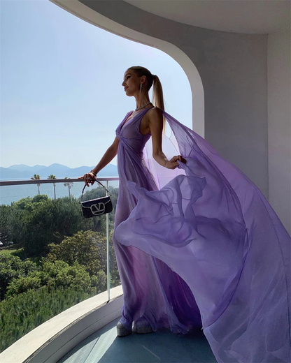 Vestido de fiesta de tul morado con escote en V, largo y sencillo, Y7774