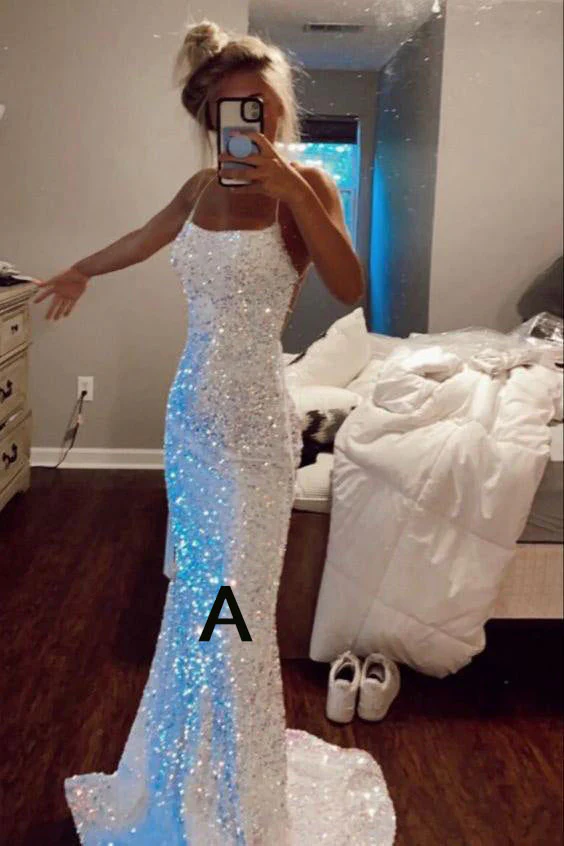 Glitzerndes Meerjungfrau-Abendkleid mit Spaghettiträgern und weißen Pailletten Y8071