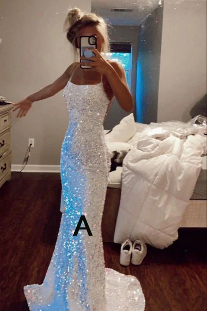 Glitzerndes Meerjungfrau-Abendkleid mit Spaghettiträgern und weißen Pailletten Y8071