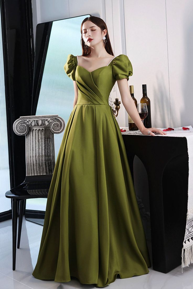 Vestidos de fiesta largos de satén verde, vestidos de noche de corte A Y7097