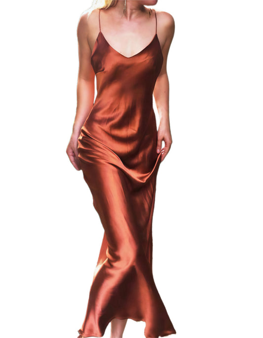V neck Bronze  Mulberry Silk Slip Dress