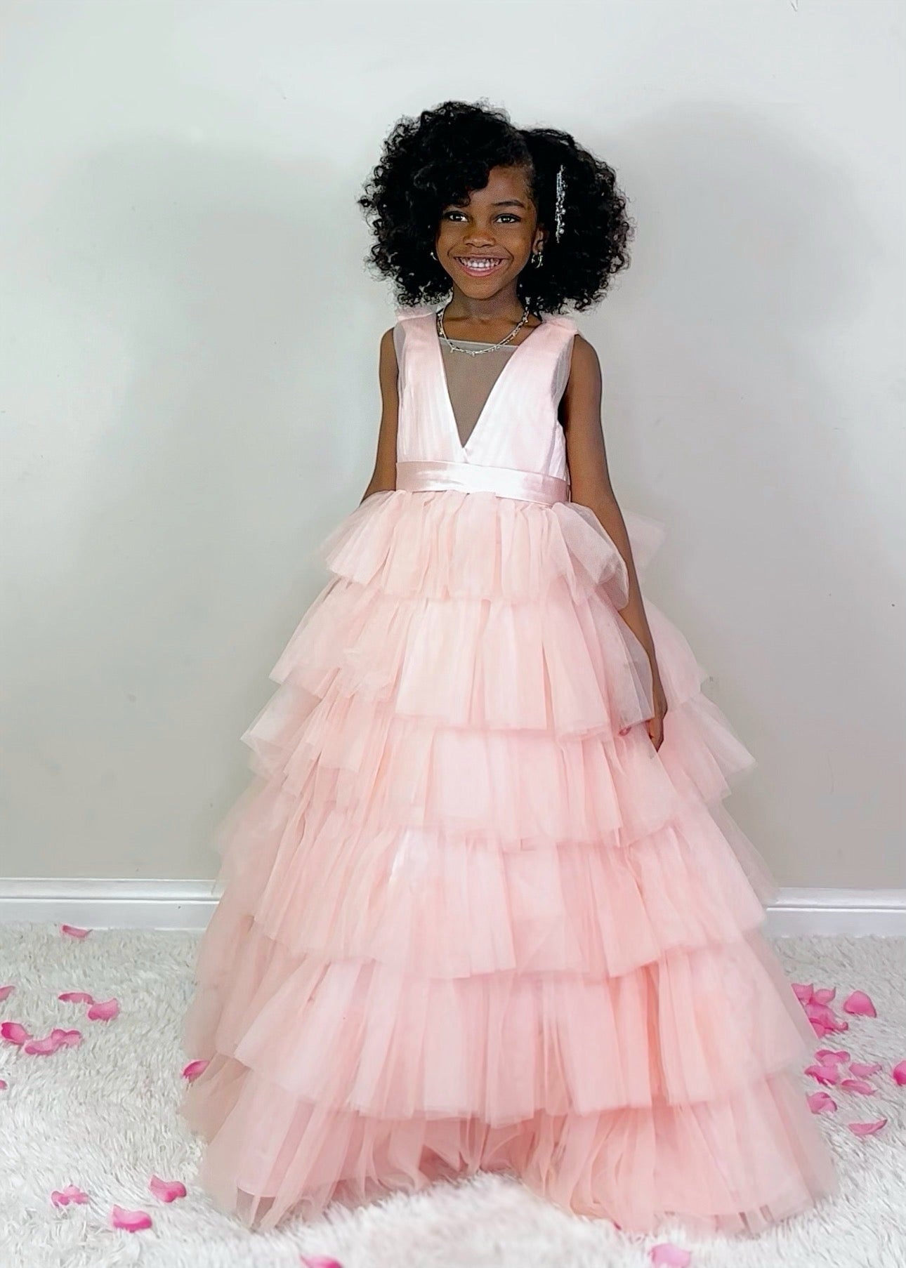 Vestido de fiesta/princesa rosa perla sin mangas con lazo de tul para niña de las flores