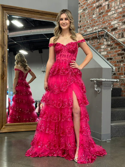 A Line Off the Shoulder Corset Prom Dress with Lace Ruffles