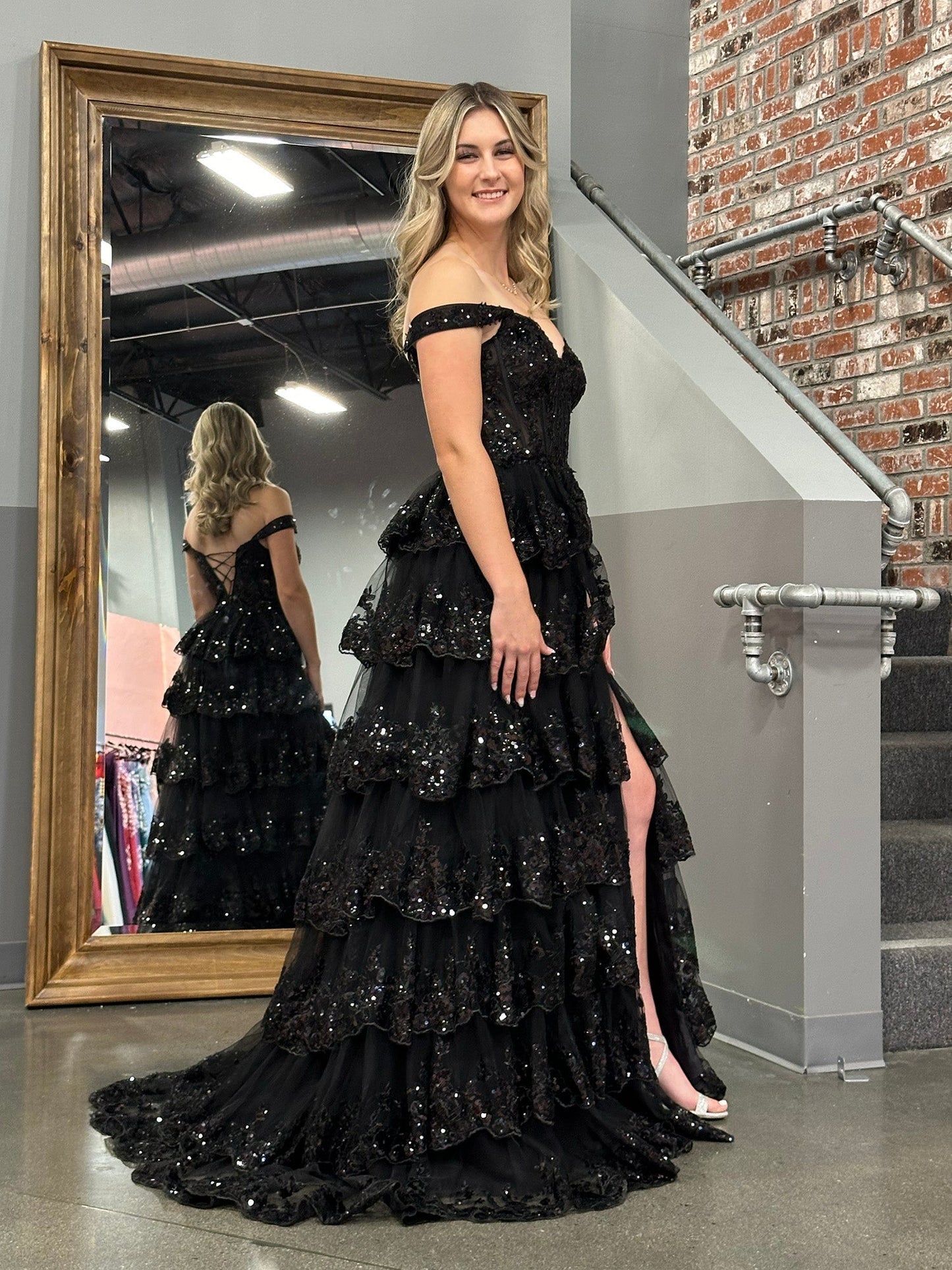 A Line Off the Shoulder Corset Prom Dress with Lace Ruffles