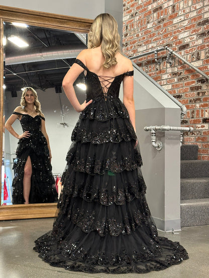 A Line Off the Shoulder Corset Prom Dress with Lace Ruffles