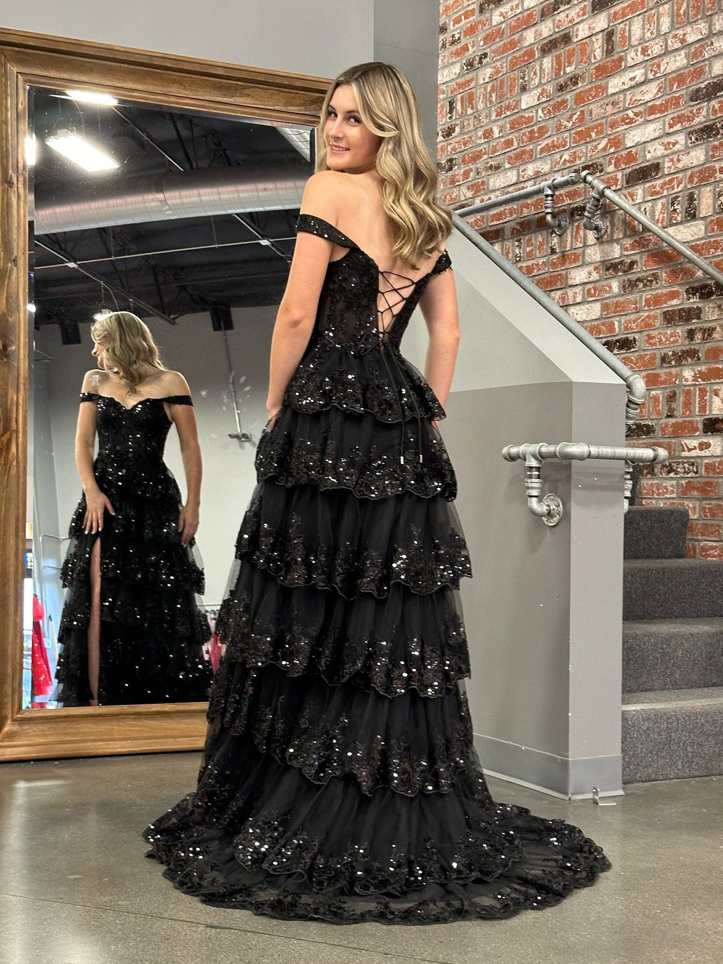 A Line Off the Shoulder Corset Prom Dress with Lace Ruffles