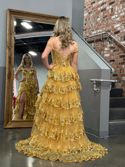 A Line Off the Shoulder Corset Prom Dress with Lace Ruffles