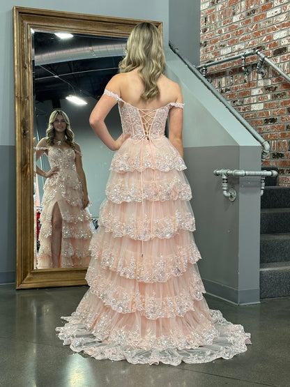 A Line Off the Shoulder Corset Prom Dress with Lace Ruffles