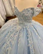 Off The Shoulder Blaue Spitze Tüll Ballkleid, Blau Sweet 16 Kleid, Prinzessin Kleid Y2061