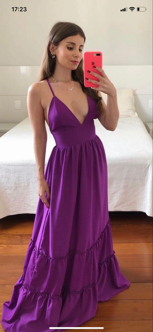 Lila Spaghettiträger V-Ausschnitt Ballkleid, Schlichtes lila Abendkleid Y2349