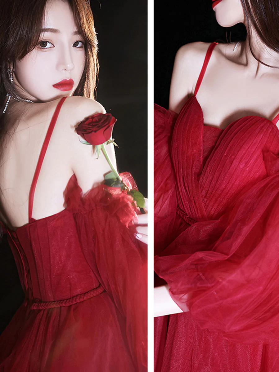 Vestido de fiesta corto de tul con escote corazón color burdeos, vestido de fiesta color burdeos Y2889