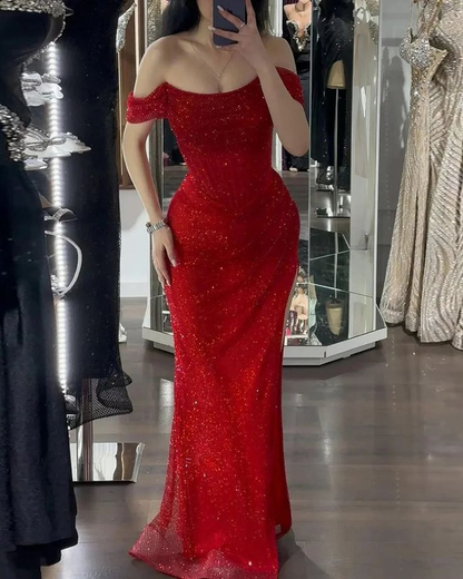 Shiny Off Shoulder Sequins Red Prom Dress Evening Dress With Side Slit Y7805