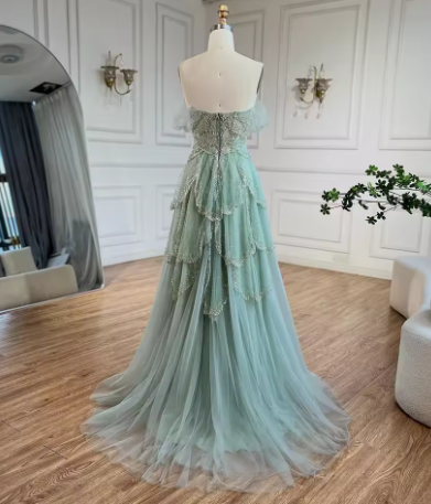 Sage Green A-Line Off The Shoulder Tulle Beaded Evening Dress Formal Prom Dress Y8157