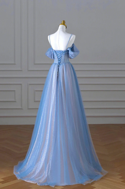 Hermoso vestido de fiesta largo de tul con tirantes finos en azul, corte A, Y4592