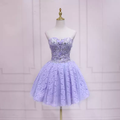 Vestido de fiesta corto de encaje morado, sin tirantes, talla 37
