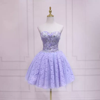 Vestido de fiesta corto de encaje morado, sin tirantes, talla 37