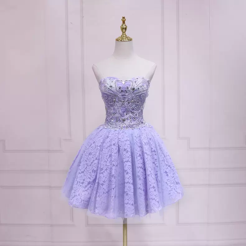 Vestido de fiesta corto de encaje morado, sin tirantes, talla 37