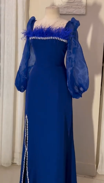 Vintage Square Neckline Long Sleeves Evening Dress Fashion Evening Gown Y5014