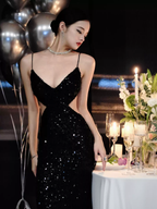 Vestido de noche negro brillante con lentejuelas, sexy, sin espalda Y1124