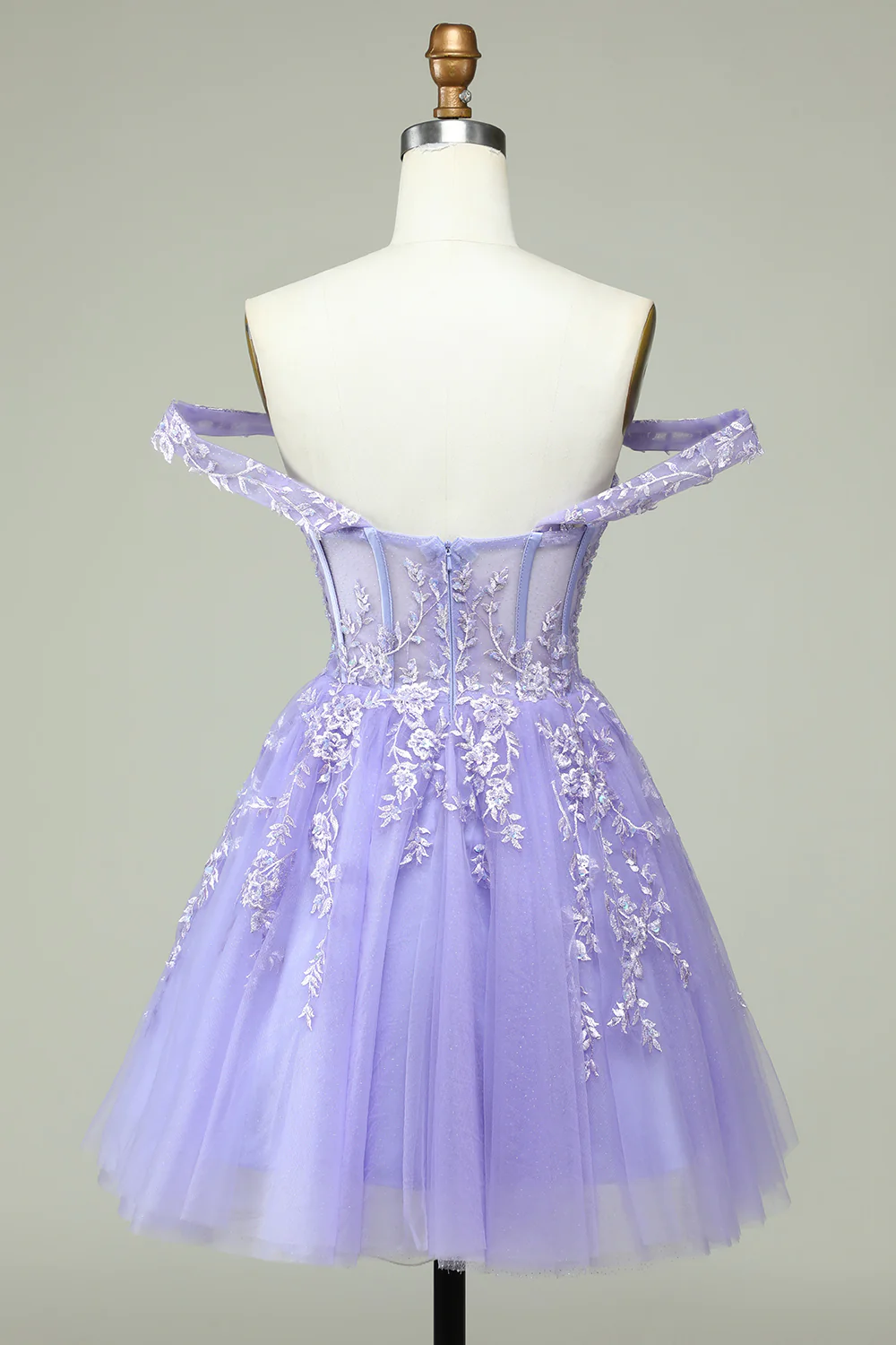 Vestido de fiesta con corsé lila, corte en A, hombros descubiertos y apliques Y2168