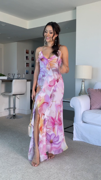 Hermoso vestido de fiesta largo con volantes, estampado floral, espalda baja, abertura y abertura, vestido de noche Y8099