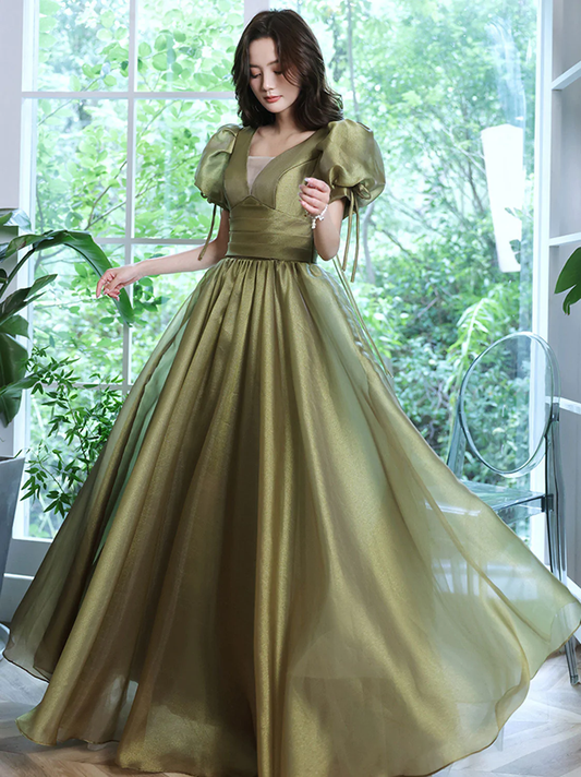 Einfaches grünes langes Ballkleid aus Tüll mit V-Ausschnitt, grüne Abendkleider Y1872