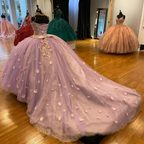 Hermoso vestido de quinceañera con tirantes finos, flores 3D y cola de corte, con encaje interior Y1247