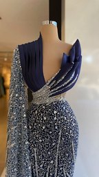Marineblau One-Shoulder-Abendkleider mit V-Ausschnitt Abendkleider nach Maß Pailletten funkelnde formale Partykleider Y4936