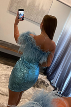 Blaues, figurbetontes Homecoming-Kleid mit One-Shoulder-Träger und Pailletten Y2728