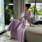 Damen Trägerloses Satin Abendkleid Vintage Wickelkleid Perlenbesetzt Bodenlang Langes Kleid Y4868