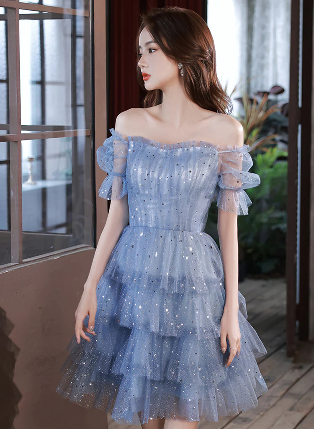 Vestido formal de tul azul con capas cortas, vestido de fiesta azul con hombros descubiertos Y1975