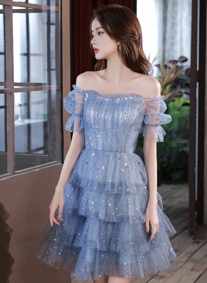 Vestido formal de tul azul con capas cortas, vestido de fiesta azul con hombros descubiertos Y1975