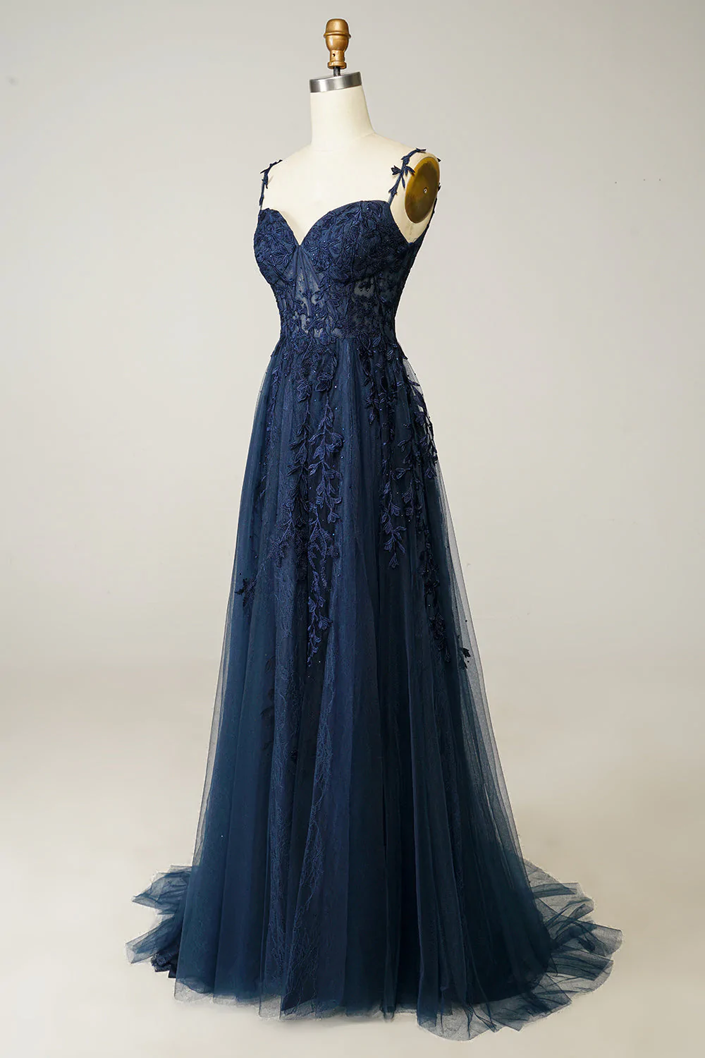 A-Linie Marineblaues Ballkleid Spitze Tüll Abendkleid Y382